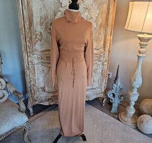 Turtleneck Smocked-Waist Maxi Sweater Dress in Camel/Taupe